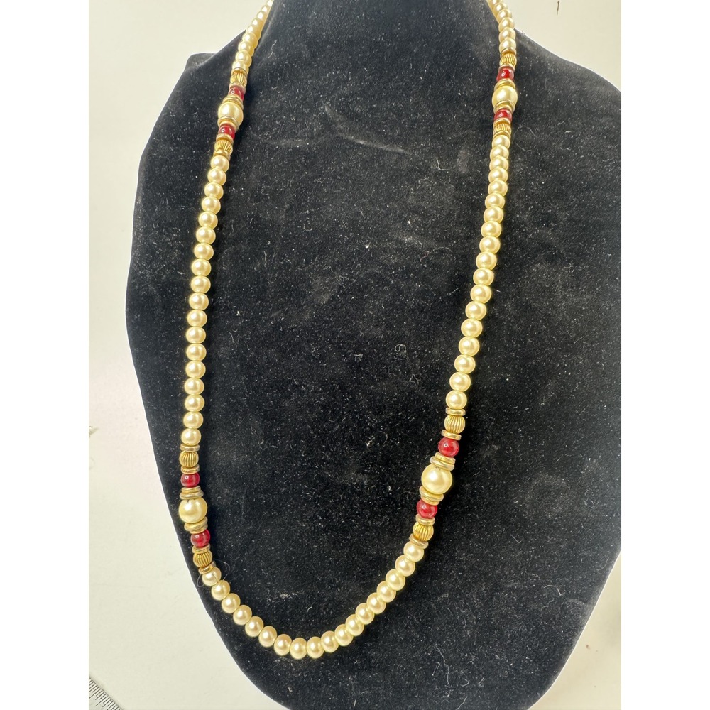Vintage Faux Pearl Necklace Cream Red Gold Tone Beaded Strand 33 Inch Long
